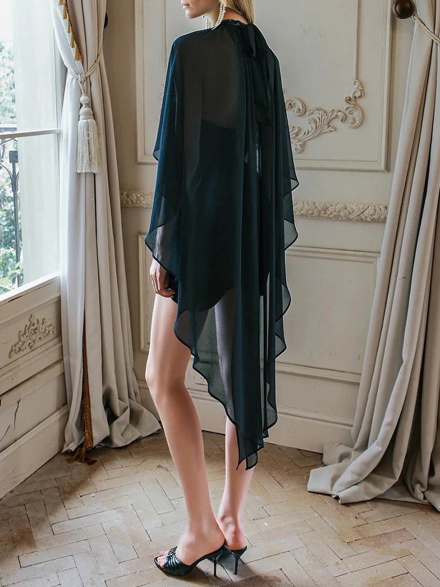 TWOTWINSTYLE Vestido Mini de Moda para Mujer con Diseño Hueco, Cuello Redondo, Manga Capa, Cintura Alta y Efecto Adelgazante, Color Liso, Moda Femenina 2026