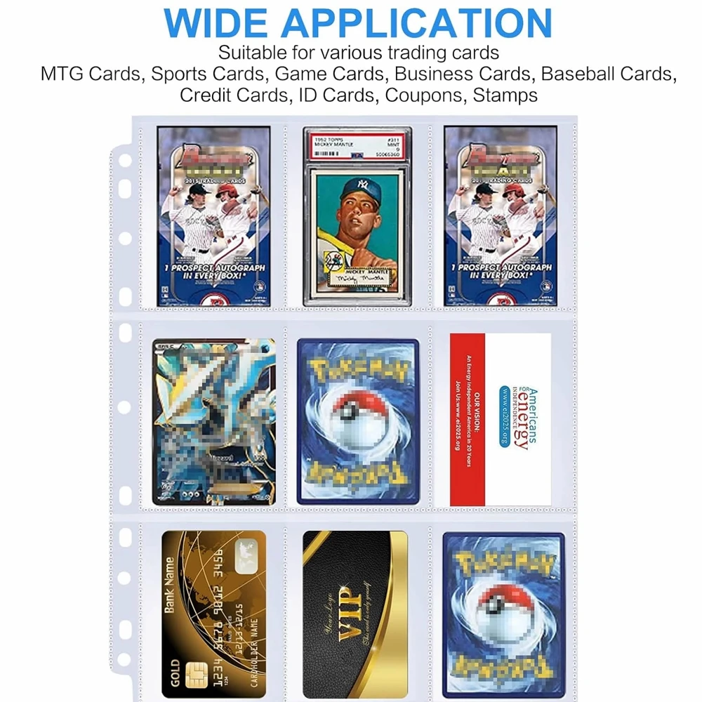 Fundas para álbum de tarjetas comerciales de un solo lado, 450 bolsillos, protectores de juego de plástico transparente con 9 bolsillos, tarjetas de béisbol de Pokémon, 50 páginas