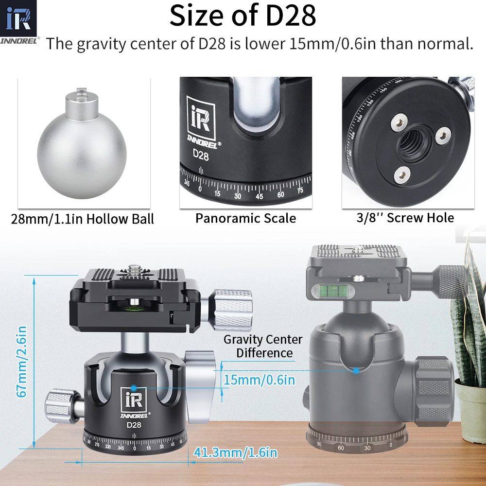 INNOREL trípode profesional cabeza de bola centro de baja gravedad 360 panorámica CNC 28mm/34mm bola para trípode monopié carga 10kg/15kg