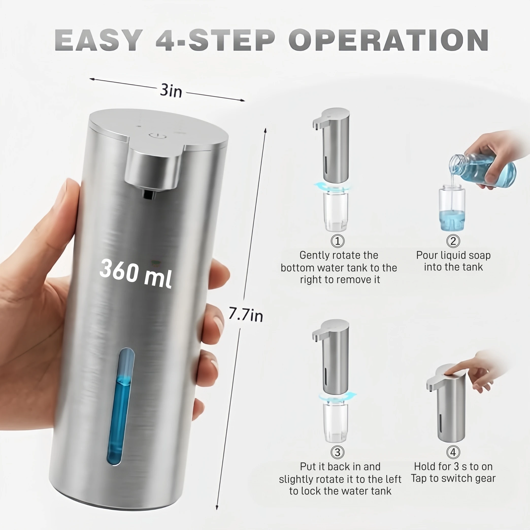  Dispensador de Jabón Líquido y Espuma de Acero Inoxidable, Múltiples Niveles, Carga Eléctrica Sin Contacto, Montaje Vertical en Pared para Baño