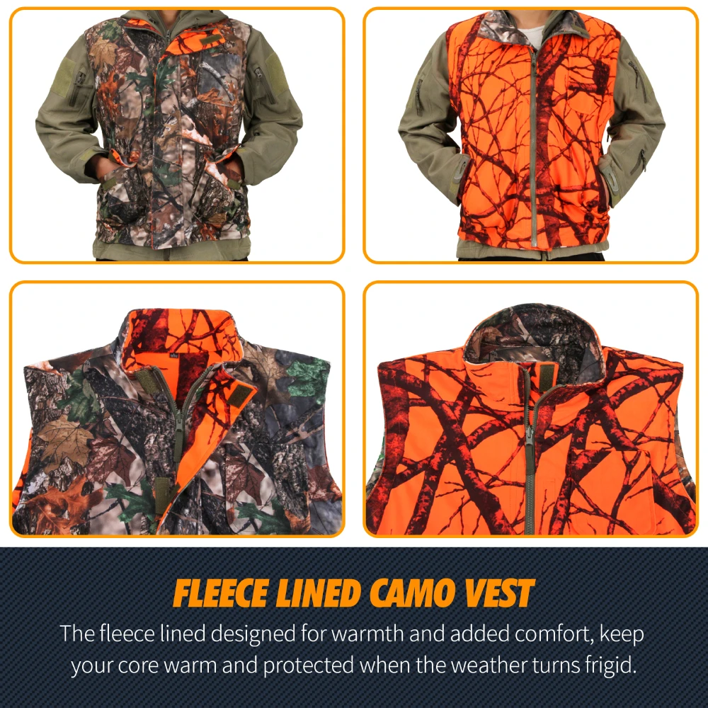 GUGULUZA M-4XL Chaleco de caza de camuflaje naranja para hombres, chaleco Reversible de juego de lana, chaqueta sin mangas, ropa de camuflaje al aire libre