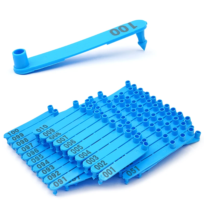 Etiquetas de oreja de animales de cabra con números, Color azul, perro, conejo, oveja, Material de nailon, Láser de oveja, n. ° 001-100, 500 piezas