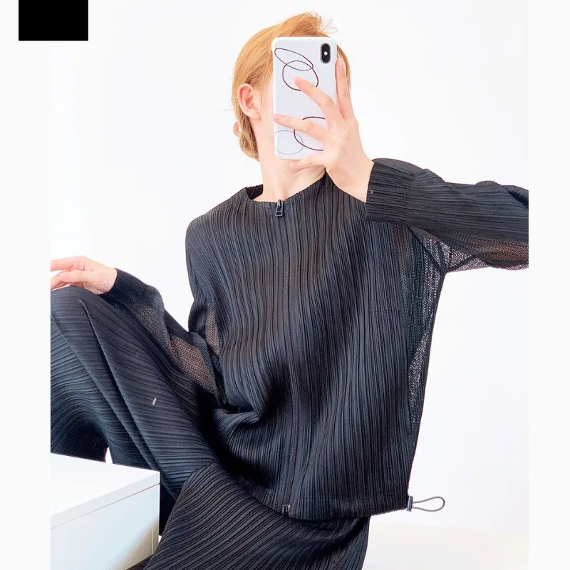   Chaquetas de mujer con cuello redondo y pliegues, chaqueta corta con cremallera y protección solar, top transpirable para mujer.