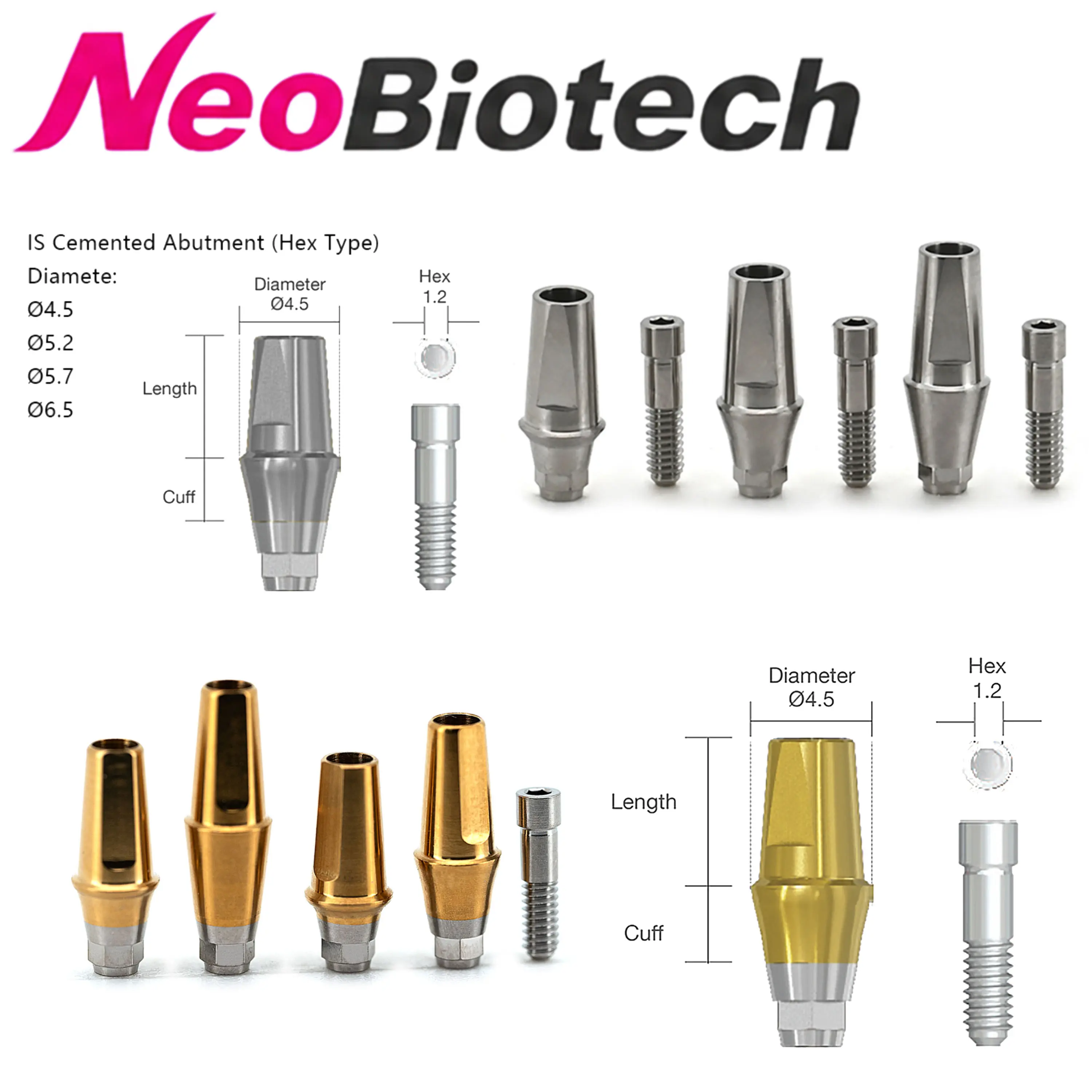 Kit de implantes dentales NeoBiotech compatible con múltiples unidades, de titanio, rectos y angulares, con tapón de protección y tornillo para tórtula de cicatrización