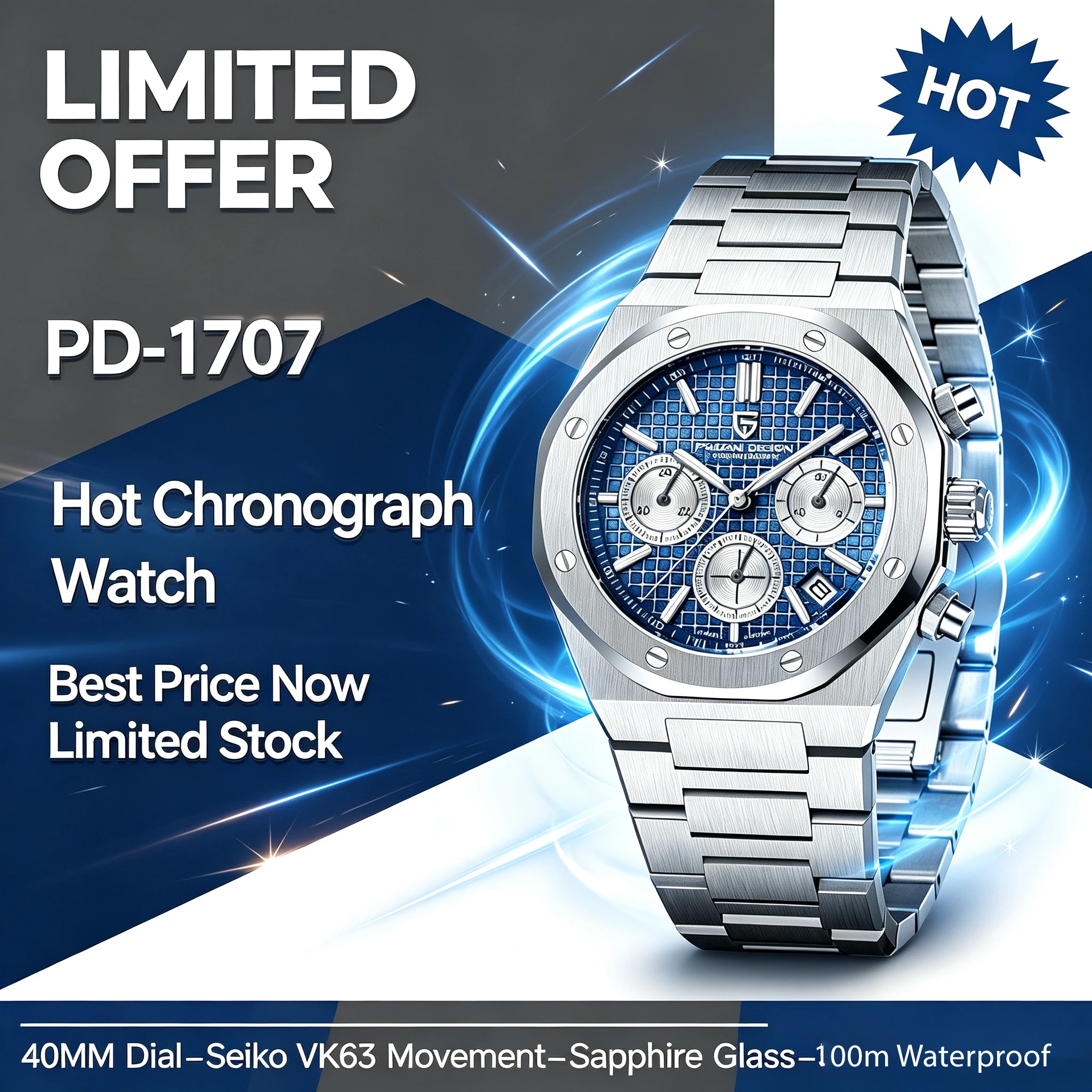 Reloj Pagani Design 2026 Nuevo Vk63 para Hombre, Cronógrafo de Cuarzo V2, Lujoso, con Cristal de Zafiro, Acero Inoxidable, Resistente al Agua 20 Bar, Luminoso