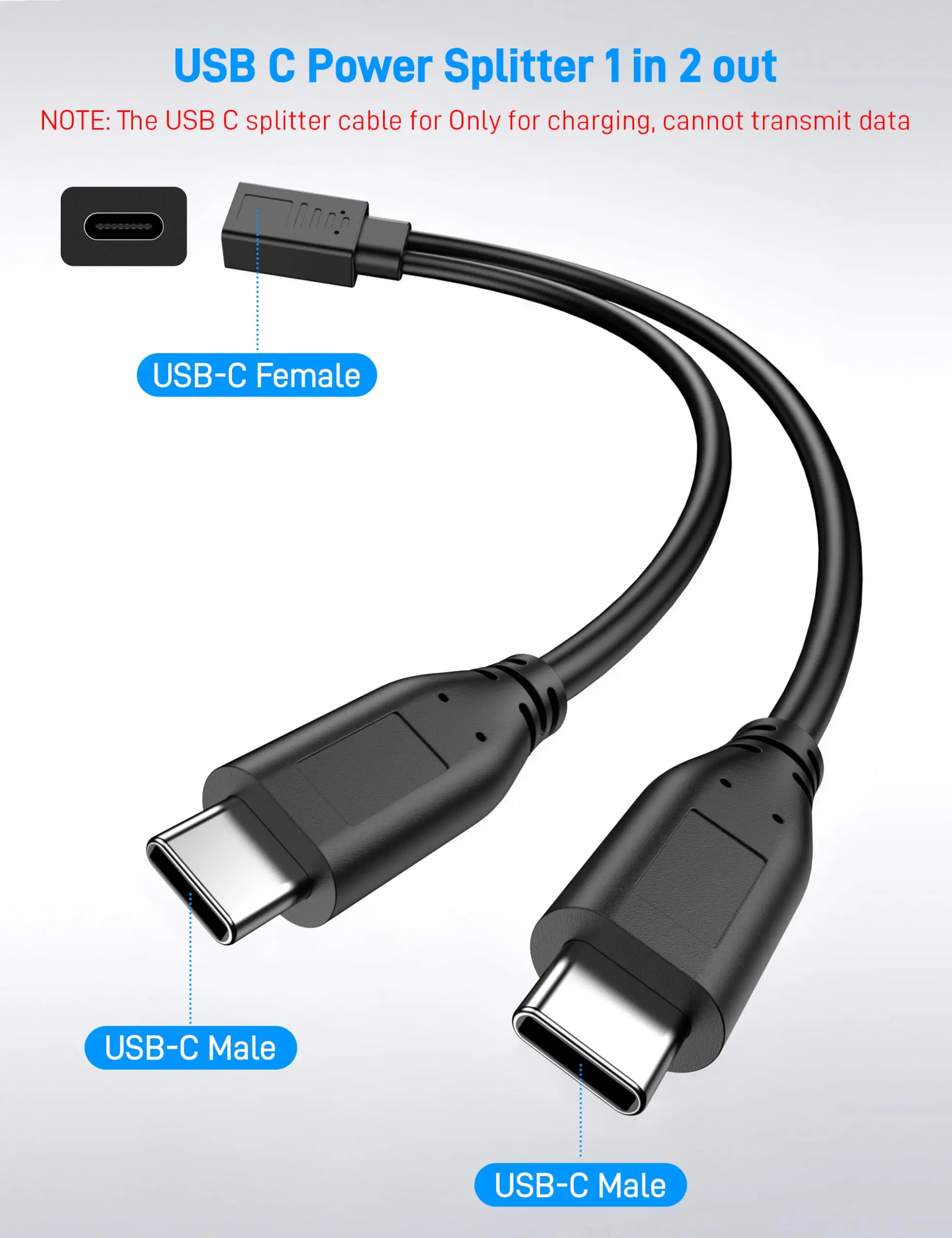 Cable Divisor USB C de 0.3m/1ft, 1 Entrada y 2 Salidas, USB C a Doble Puerto Tipo C Macho, Cable de Extensión para Carga (Solo para Cargar)