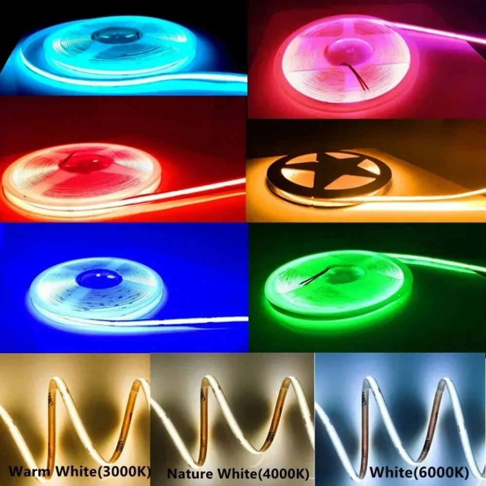 Tira de luces LED COB colorida ultrafina de 8mm DC 12V/24V para decoración del hogar coche DIY FPV azul/rosa/rojo/púrpura cinta LED de alta densidad