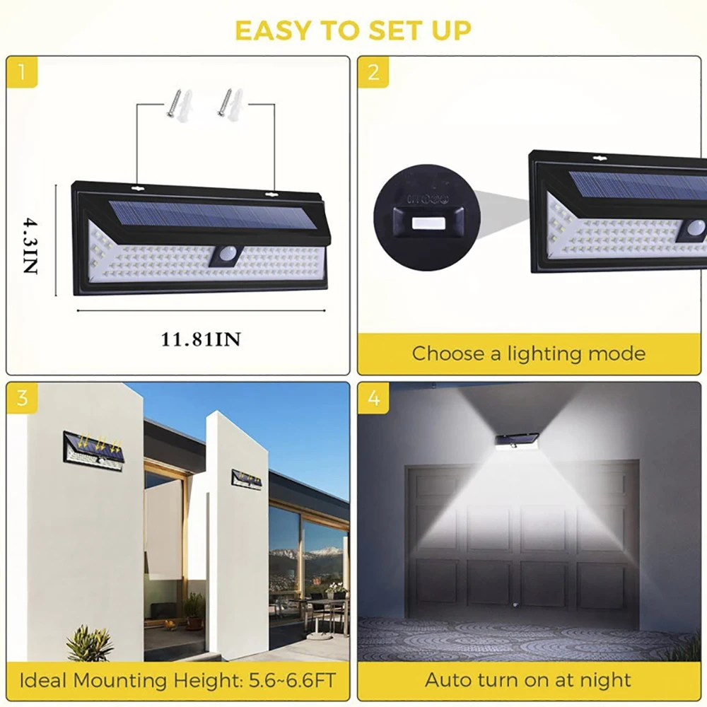 Luz LED de colector Solar para exteriores, luz de pared con Sensor, 118 luces, 4400mAh, iluminación fuerte, luz con Sensor Solar para decoración de jardín