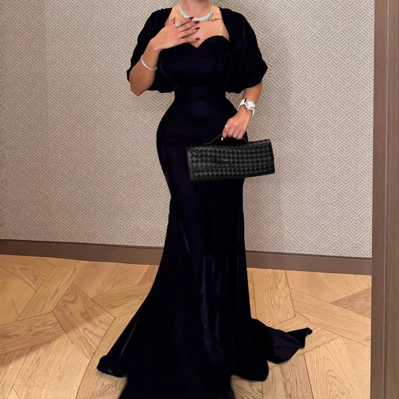 Vestido largo de terciopelo de cintura alta, liso, de manga corta, ajustado, con cuello corazón, estilo casual y de noche para mujer