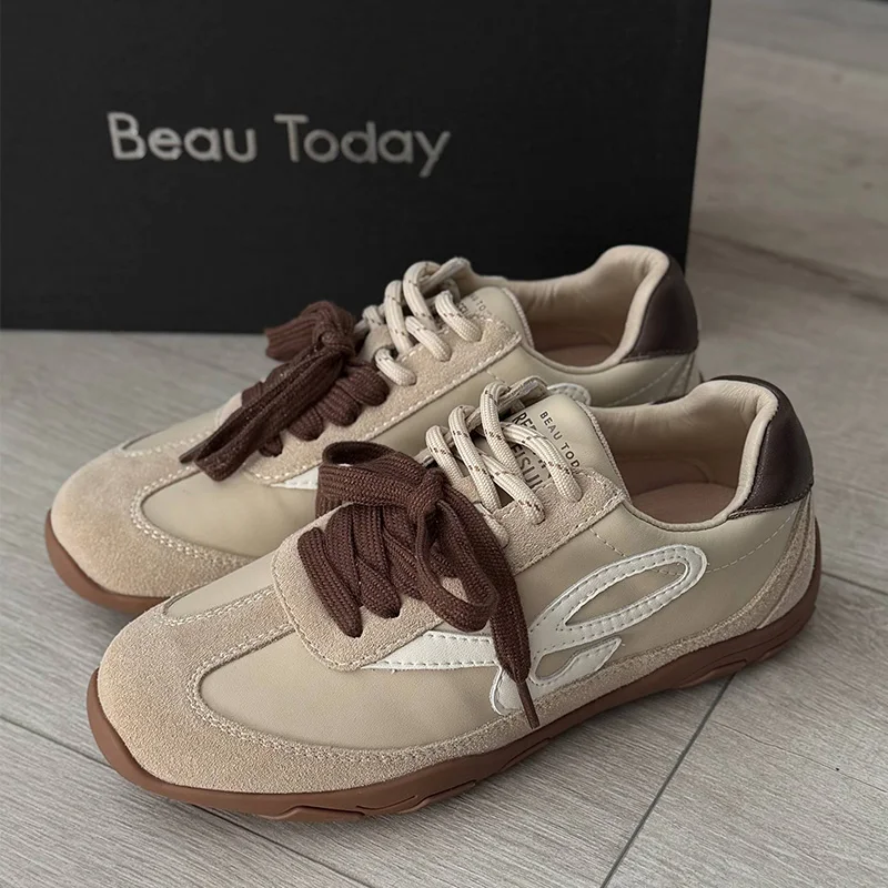 BEAUTODAY, zapatillas informales de cuero vacuno, Color mezclado, punta redonda, cordones de doble color, zapatillas deportivas, zapatos de mujer hechos a mano 29977