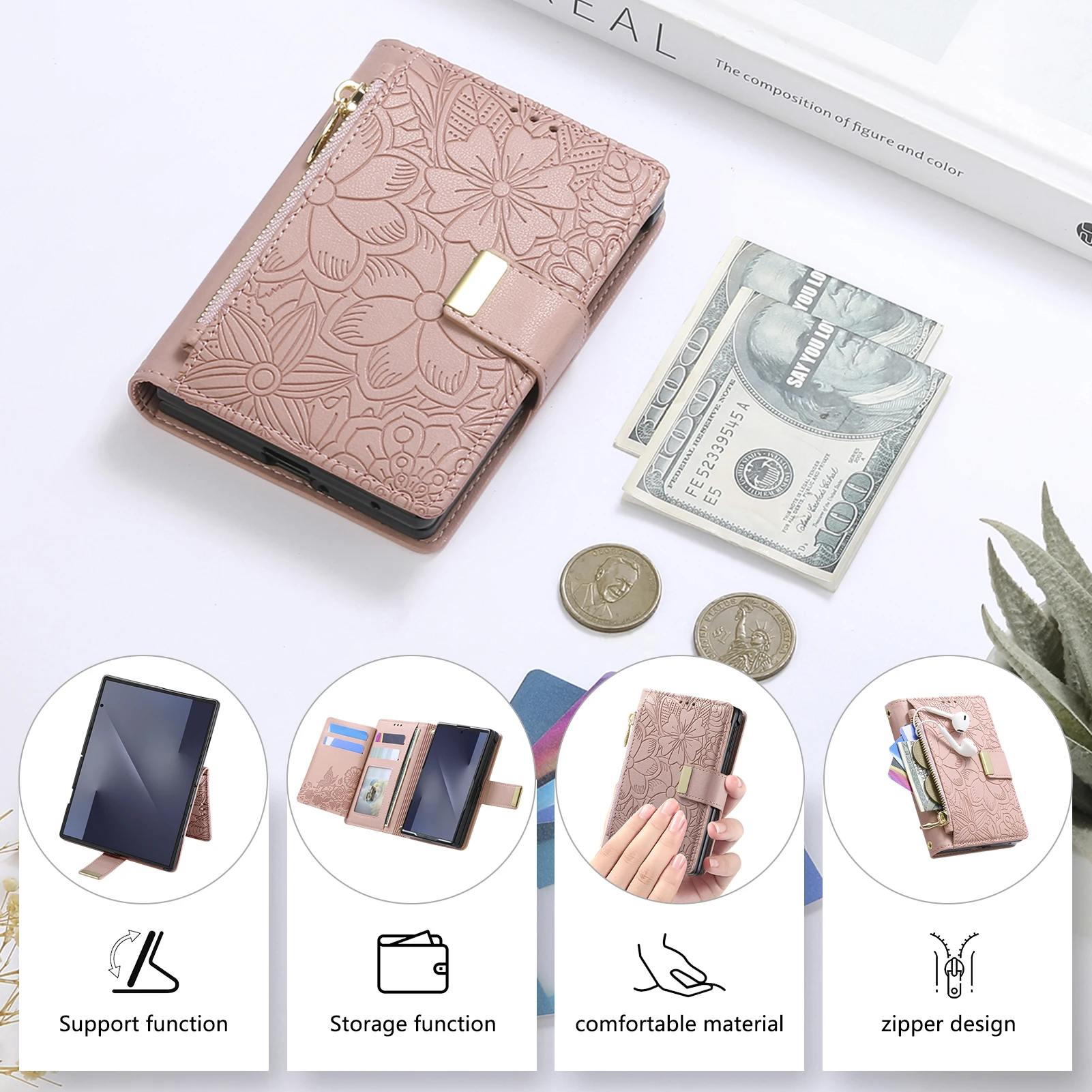 Funda de cuero con cremallera y ranuras para tarjetas, diseño moderno en relieve, para Samsung Z Fold 8, a prueba de golpes, con función de soporte, delgada y ajustada.