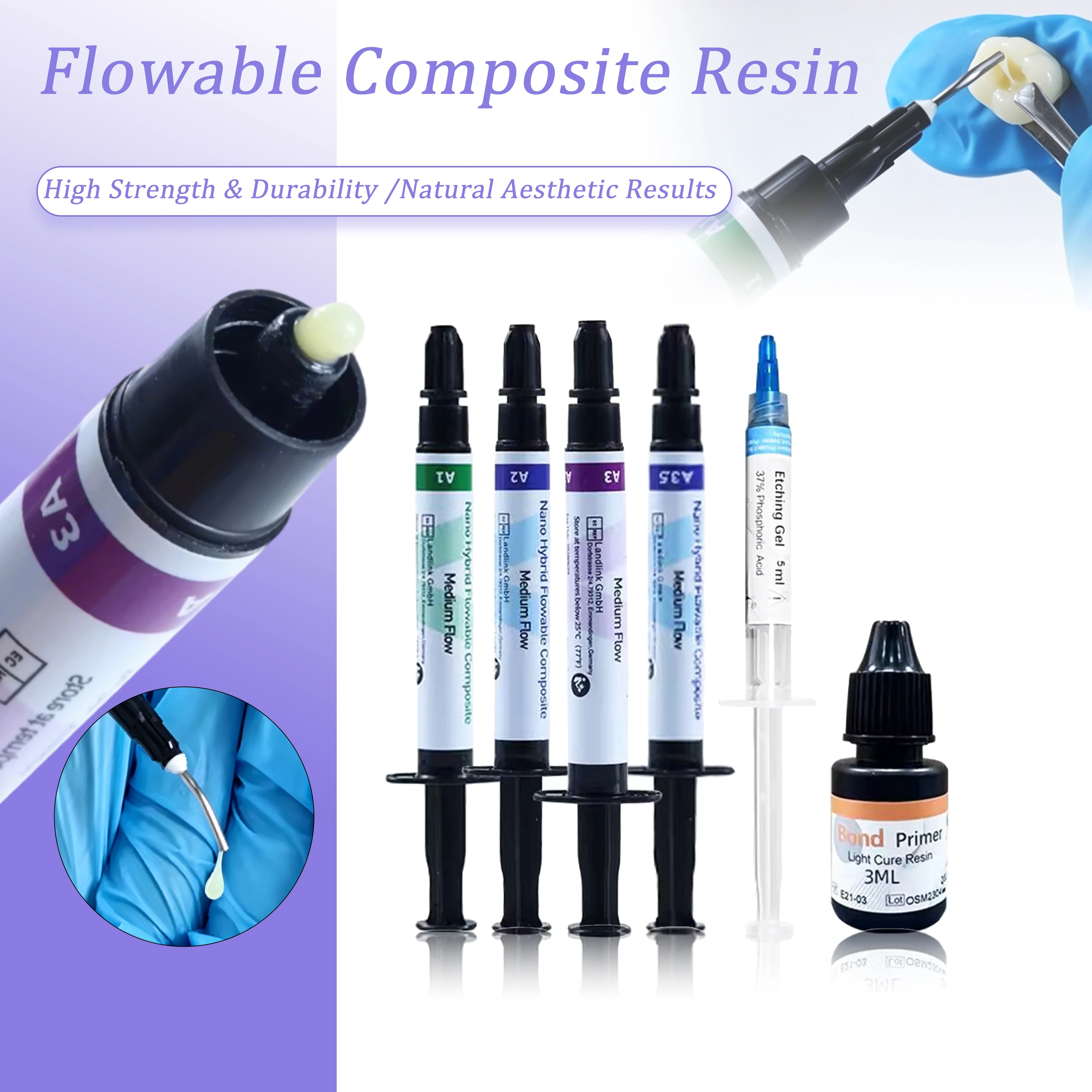 Kit de Resina Compuesta Fluida Dental - Resina Fotopolimerizable A1-A3.5 con Gel Grabador y Primer Adhesivo para Restauraciones