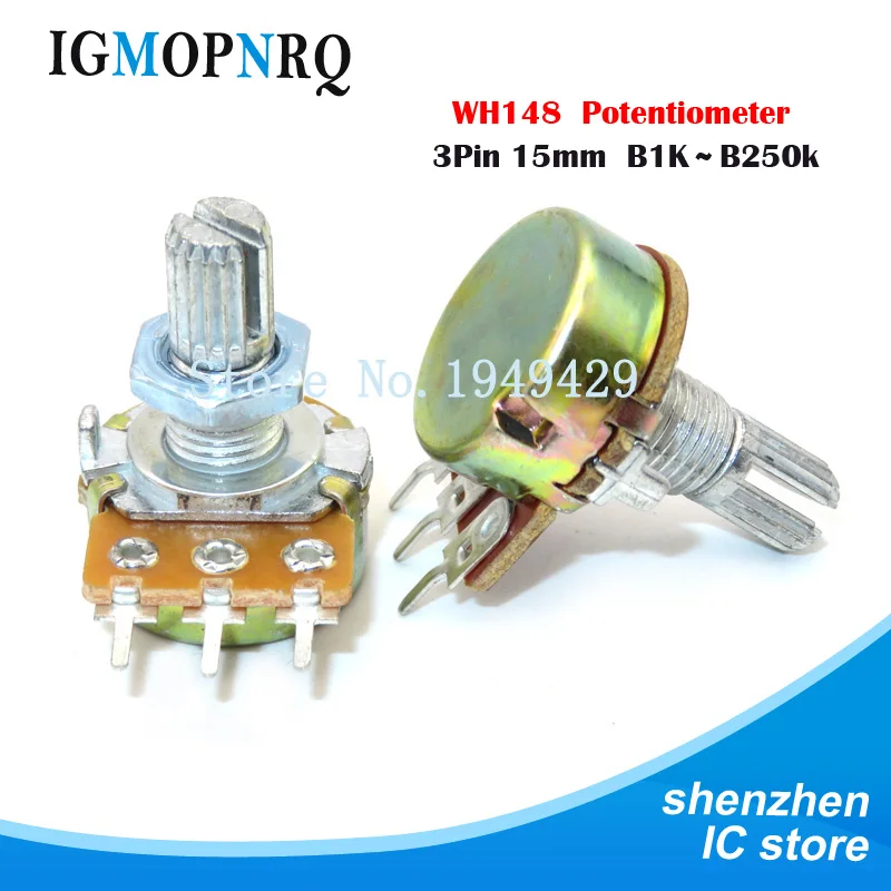 100 Uds WH148 B1K B2K B5K B10K B20K B50K B100K B500K amplificador de eje de 3 pines 15mm potenciómetro estéreo Dual 1K 2K 5K 10K 50K 100K