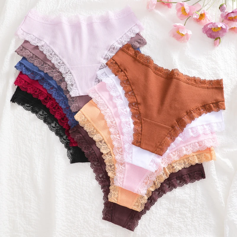 Conjunto de 6 bragas de encaje de algodón para mujer, color liso, transpirables, de cintura baja, tangas suaves y cómodas para mujer