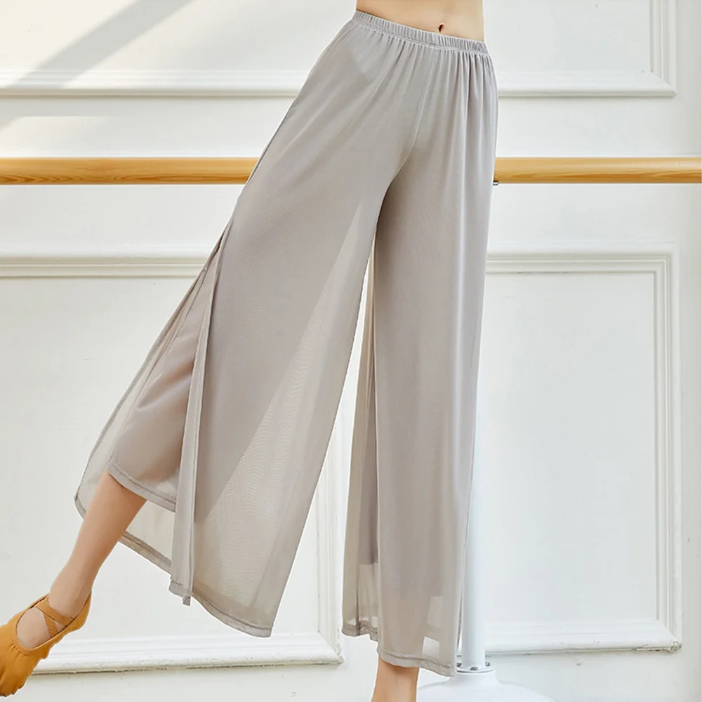 Pantalones de baile modernos para mujer, pantalones de baile de pierna ancha holgados de nailon de malla, pantalones de Yoga diarios para danza clásica china para mujer