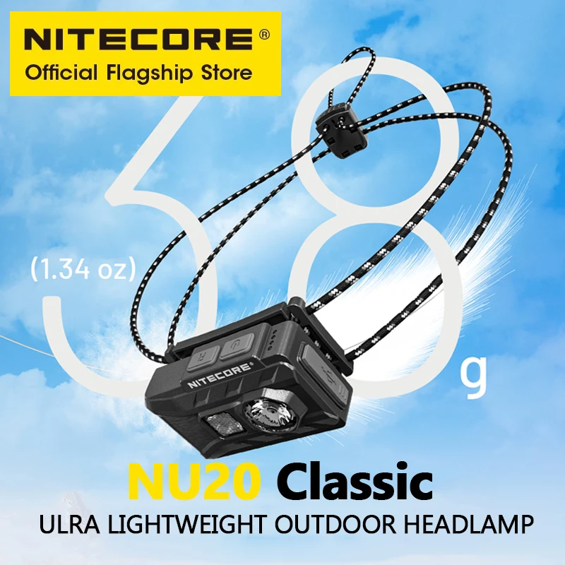 NITECORE NU20 Linterna frontal recargable USB-C clásica 38 g Faro ultraligero para mochilero Camping al aire libre, Trail Running