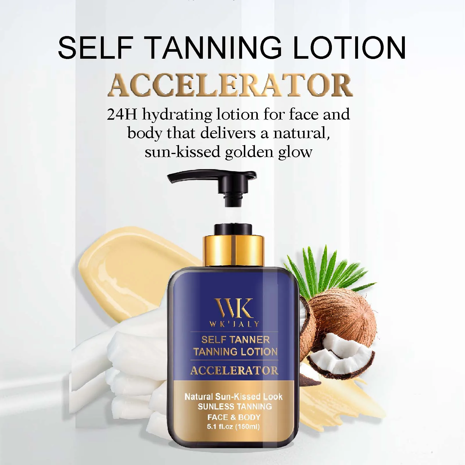 WK JALY Loción corporal autobronceadora, tono de piel medio, crema bronceadora sin sol con aceite de coco, aceite de zanahoria, manteca de karité