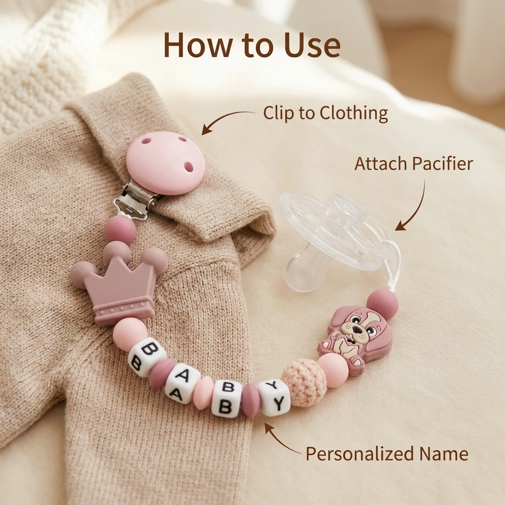 Clip para chupete personalizado con nombre, corona, perro cachorro, soporte para mordedor de bebé, silicona de grado alimenticio, cuentas de ganchillo, sin BPA, regalo para niña