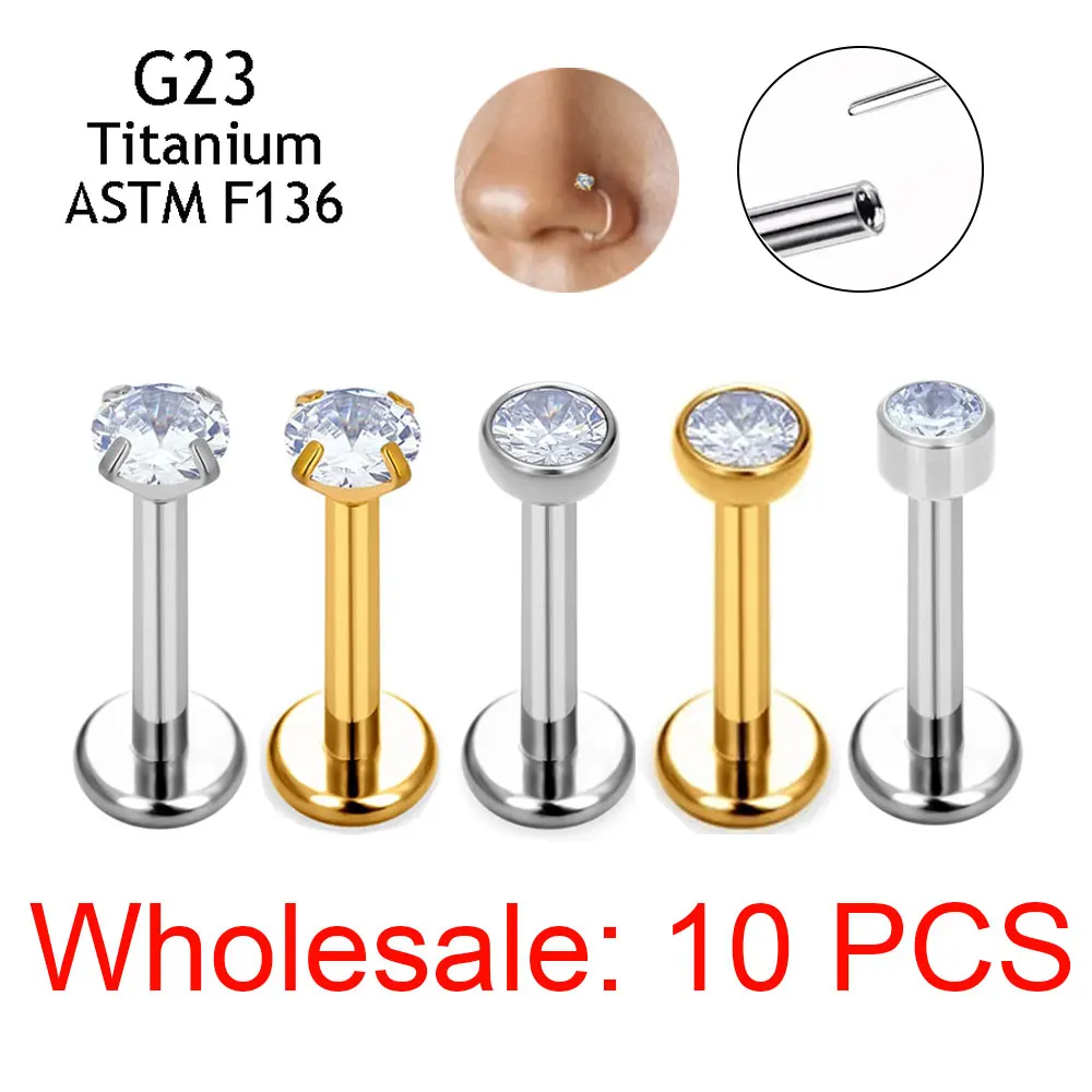 10 Uds. Pendientes sin rosca G23 titanio nariz PIERC Push Pin Labret labio anillos pendientes cartílago hélice Piercing joyería al por mayor