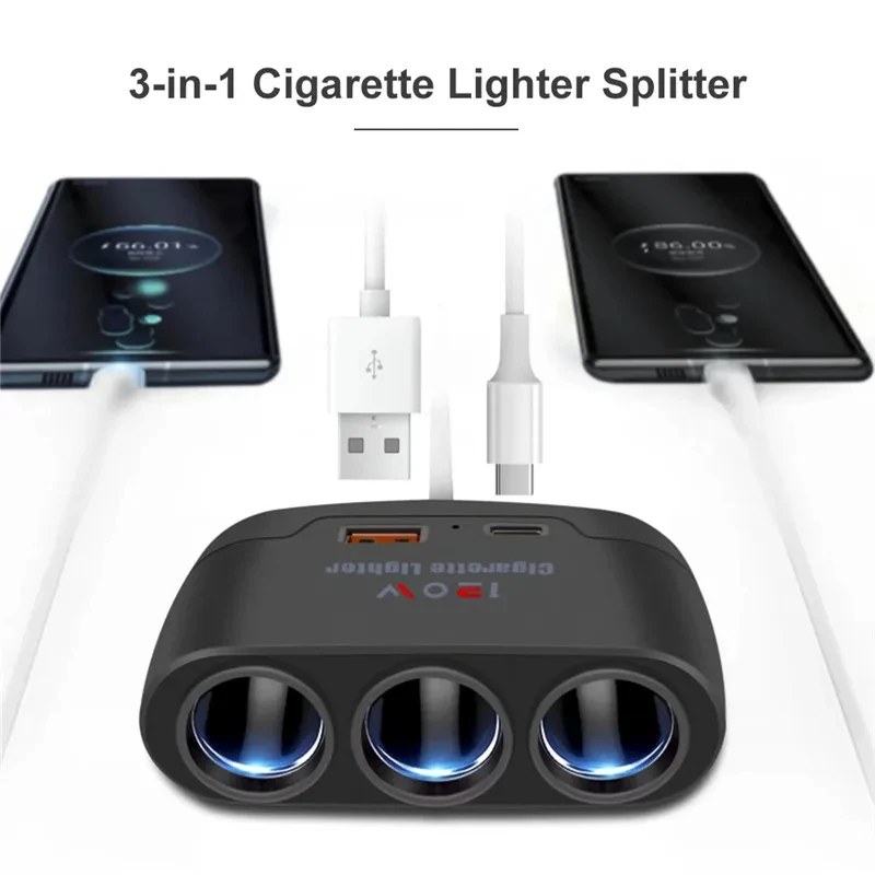 120W USB PD enchufe 3 en 1 divisor de encendedor de cigarrillos de coche 12V 24V enchufe de cargador rápido adaptador de corriente de teléfono para iPhone GPS Dashcam