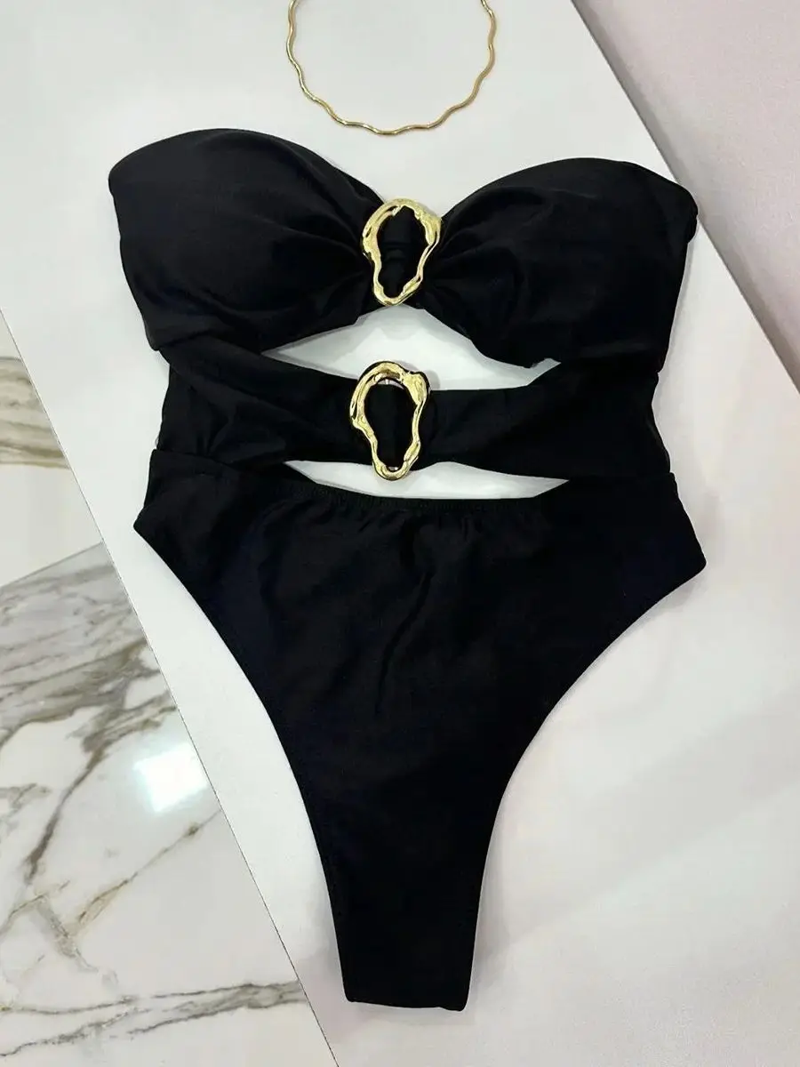 3 colores Sexy anillos de Metal recortados mujeres traje de baño de una pieza traje de baño femenino Bandeau corte de pierna alta bañista traje de baño nadar B022D