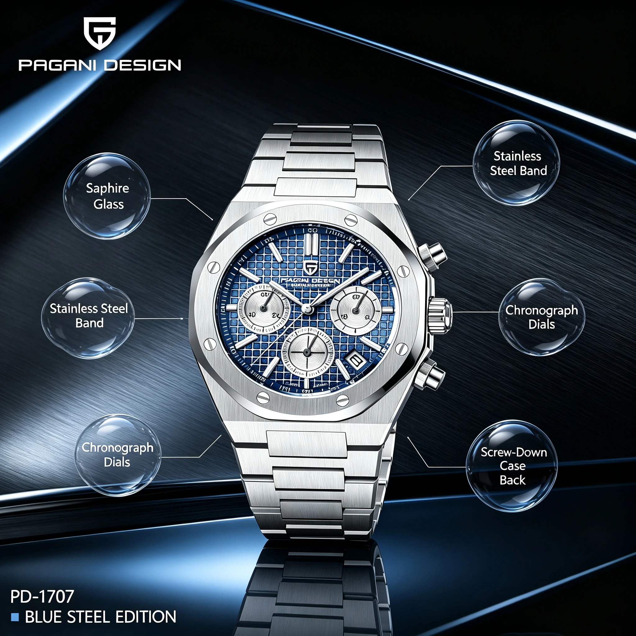 Reloj Pagani Design 2026 Nuevo Vk63 para Hombre, Cronógrafo de Cuarzo V2, Lujoso, con Cristal de Zafiro, Acero Inoxidable, Resistente al Agua 20 Bar, Luminoso