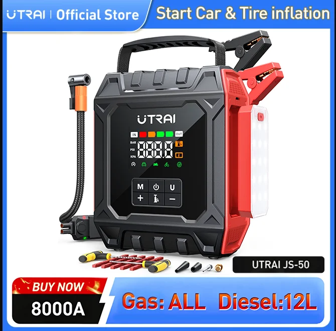Arrancador de coches UTRAI 8000A con compresor de aire, panel de luz magnético extraíble y luces de camping para exteriores, arrancador de emergencia.