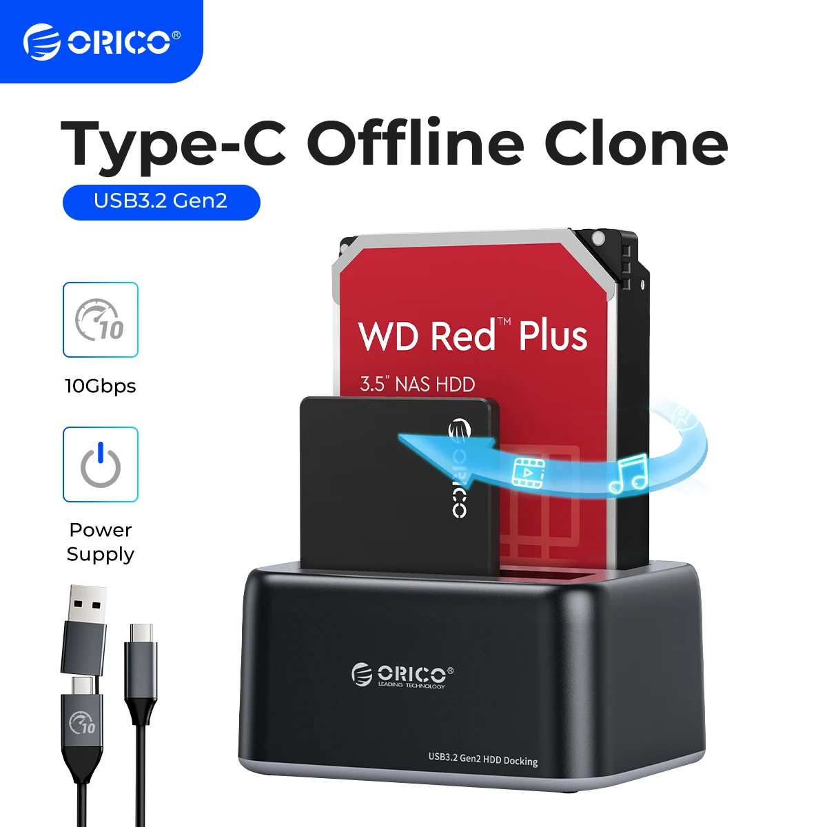 ORICO Estación de acoplamiento para disco duro 2,5/3,5 pulgadas SATA a tipo C USB3.2 10Gbps Gen2 HDD Case con fuente de alimentación clonada sin conexión 12V3A