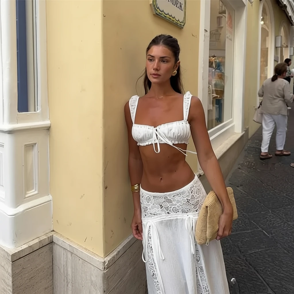 Conjuntos a juego para mujer Suninheart, conjunto de top corto con cuello cuadrado de encaje vintage Y2k blanco y falda larga, vestido de vacaciones, ropa de playa estilo bohemio