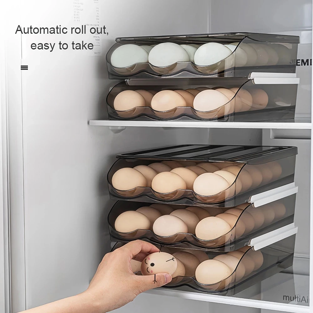 Caja de almacenamiento de huevos deslizante automática, cajón transparente, estante para huevos rodante apilable, cesta de soporte para bandeja de huevos, organizador de nevera de cocina