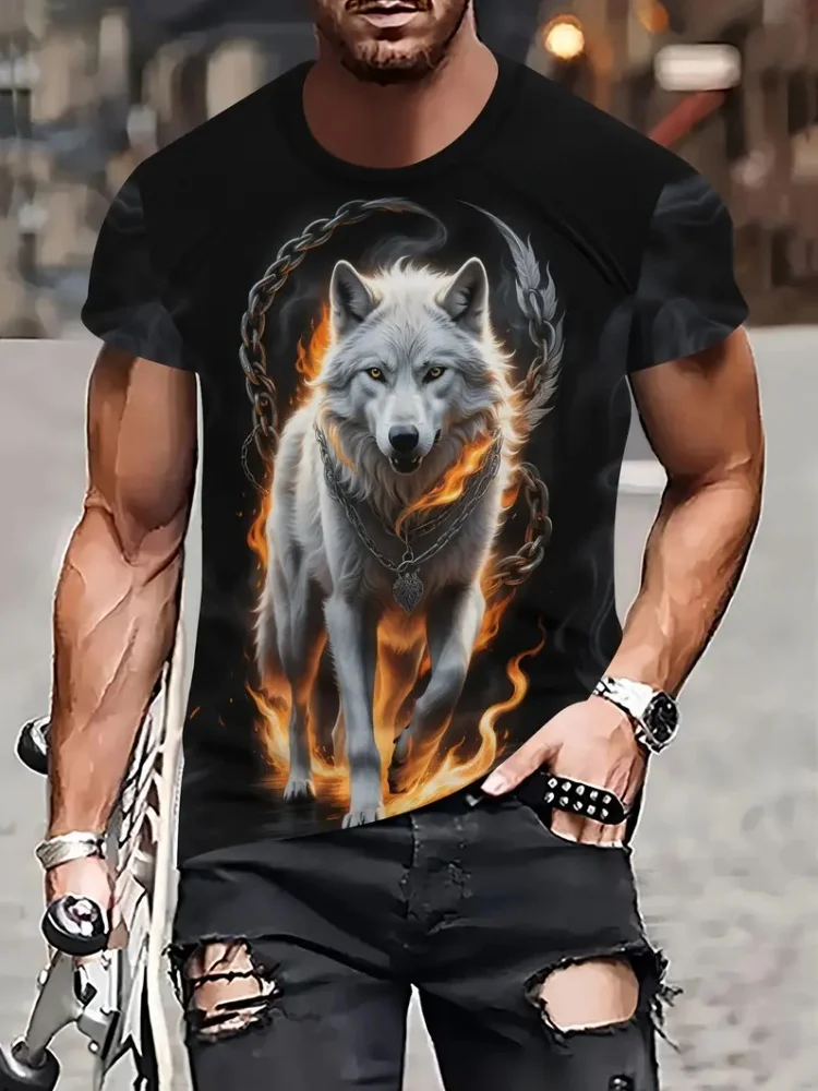 Camiseta con estampado gráfico de lobo de fuego en 3D para hombre, camiseta informal de gran tamaño para verano, ropa de manga corta para Fitness a la moda para hombre