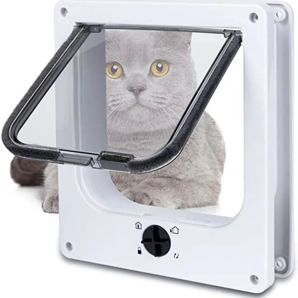 Puerta para Gatos con 4 Modos de Cierre, con Cerradura de Seguridad, Resistente a la Intemperie, de ABS, con Cierre Automático, Perilla Giratoria, Fácil Instalación, Puerta para Perros
