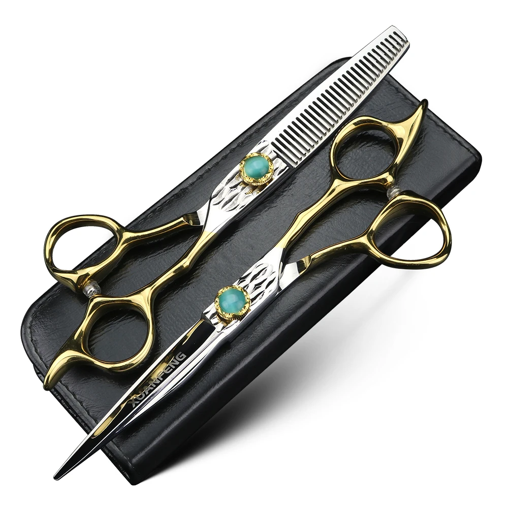 Tijeras para el cabello XUANTENG doradas de 6 pulgadas, tijeras para cortar tornillos de ágata verde y juego de tijeras para adelgazar