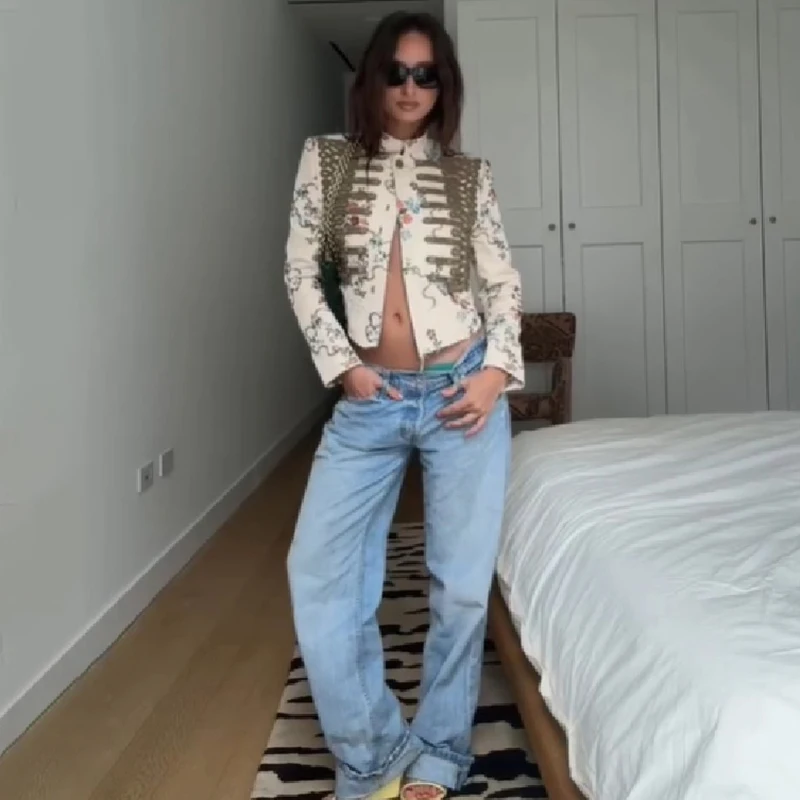 Chaqueta Militar Corta con Estampado Floral Vintage para Mujer, Cuello Alto, Adornos Trenzados, Estilo Real, Blazer Urbano