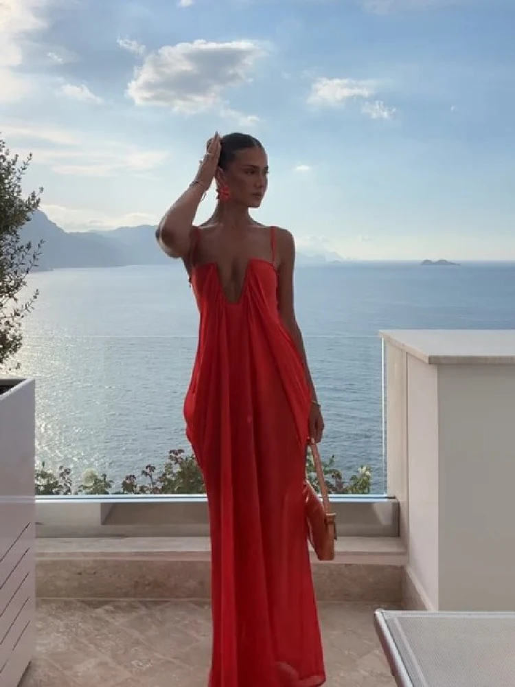 Vibrante Vestido Maxi Fluido para Vacaciones, con Escote en U Profundo, Estilo Bohemio Chic, de Chifón, Holgado, para Mujer, Ideal para la Playa, Vacaciones, Fiestas de Verano