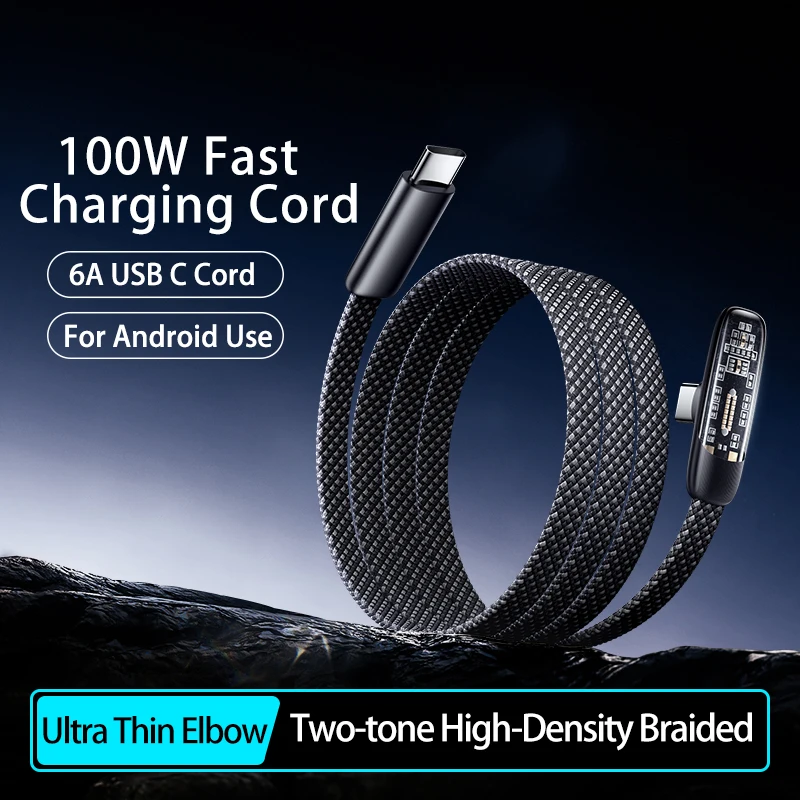 Cable de Carga Rápida Tipo C a Tipo C de 100W 6A con Conector en Ángulo para Samsung S24, Huawei, Xiaomi P40, Teléfono Android, USB C, MacBook Pro, iPad Pro