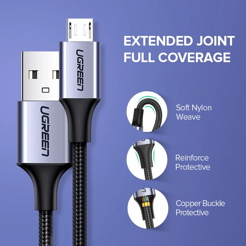 Cable UGREEN USB-A a Micro USB 2A, cable de carga rápida y transferencia de datos, cable trenzado para teléfono móvil Android, 25cm, 50cm, 1m, 2m, corto y largo.