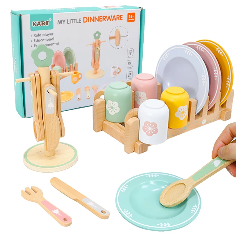 Juego de cocina de madera, platos de simulación Montessori, accesorios para platos, juego de cocina, juguete para niños pequeños, regalos de 3 años o más