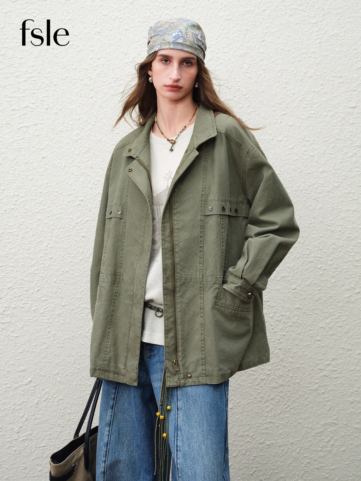 FSLE【Serie Premium】Chaqueta Corta Cargo Retro Vintage para Mujer, Primavera 2026, con Cuello Alto, Estilo Urbano Oversize