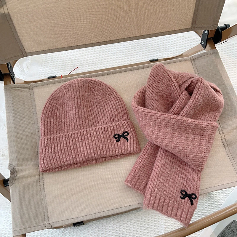 Gorros de punto coreanos para niños, traje de bufandas, gorro de invierno para niños, gorro grueso suave para niñas y niños, gorro cálido bordado con bonito lazo, 2 uds.