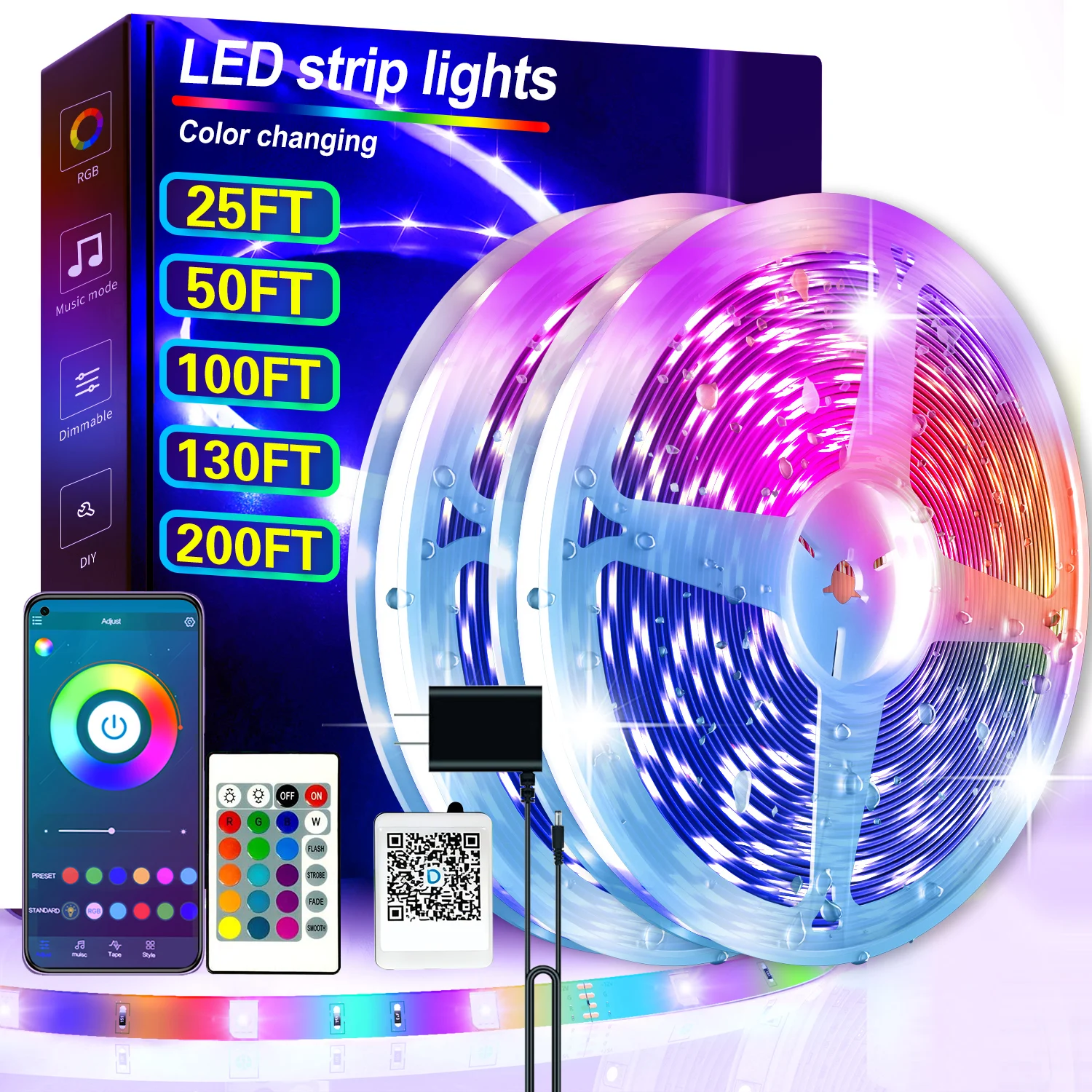 Tira de luces LED RGB inteligente de 25/50/100/130/200 pies, control por aplicación y control remoto de 24 teclas, sincronización con música, 24 V, múltiples modos para sala de estar, dormitorio, patio, fiesta, decoración de Halloween y Navidad