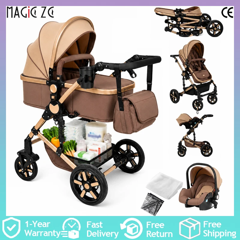 Cochecito de Bebé Multifuncional 3 en 1, Silla de Paseo, Sistema de Viaje Plegable, Diseño de Paisaje Alto, Asiento Reversible, Ruedas con Suspensión Todoterreno, Asiento Reclinable Cómodo, Capota con Protección UV, Marco Ligero con 6 Regalos Gratis
