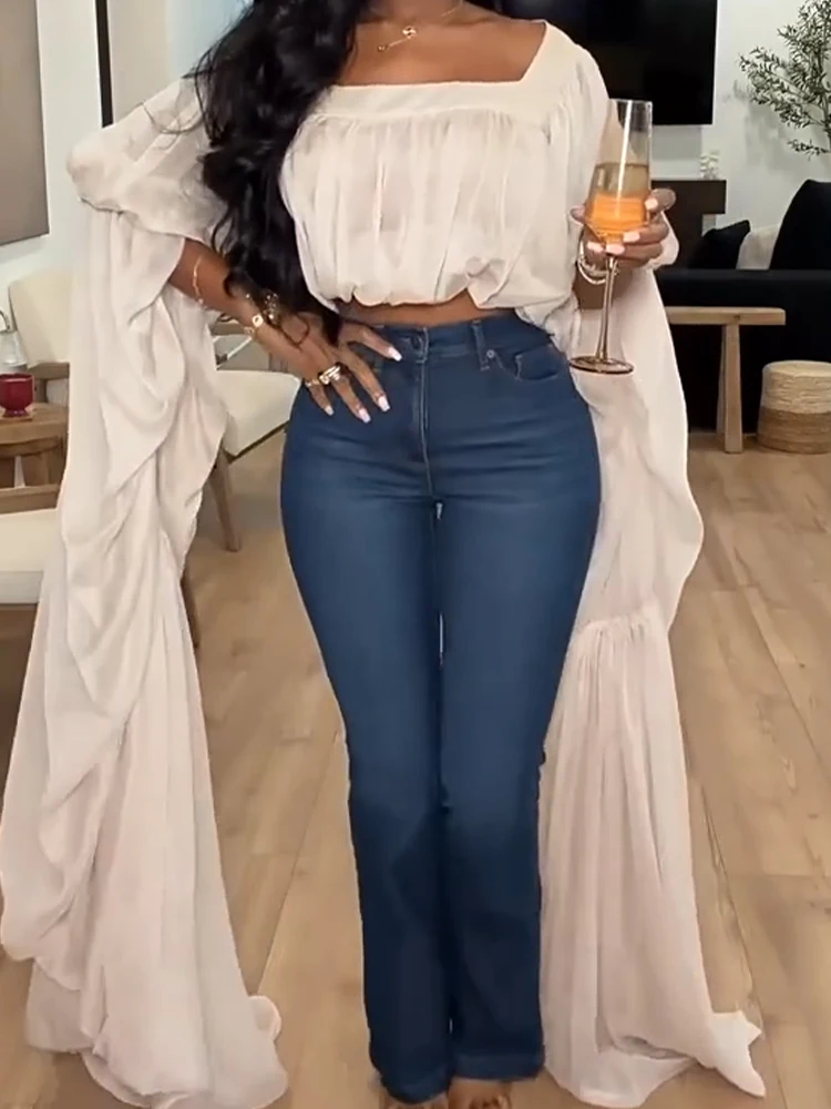 Blusa Túnica Fluida de Cuello Cuadrado con Mangas Murciélago Largas con Volantes, Blusa Holgada de Gasa para Mujer, Estilo Bohemio Casual Elegante
