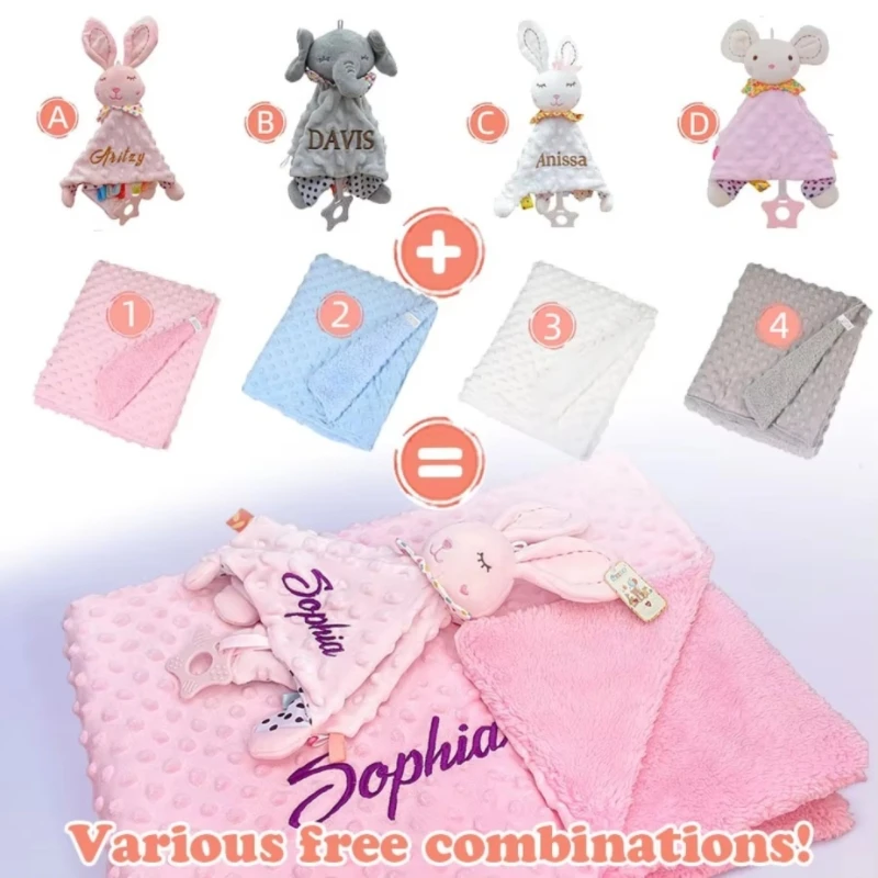 Manta Personalizada para Bebé Recién Nacido con Nombre, Juego de Envoltura para Cochecito con Puntos Minky, Toalla de Seguridad, Regalo para Bebé Niño
