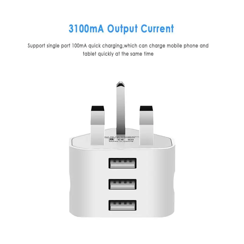 Adaptador de cargador de pared de 3 pines con enchufe británico con 1/2/3 puertos USB, convertidor de adaptadores de viaje para cargador de carga IOS, Samsung y Huawei
