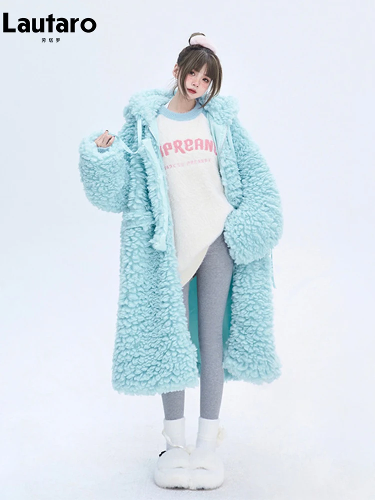 Lautaro invierno largo de gran tamaño Casual grueso cálido azul grueso cálido peludo abrigo de piel sintética mujeres con capucha cremallera moda 2023