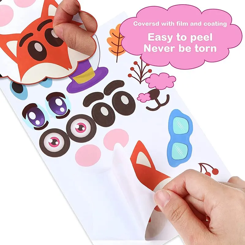 Juego de pegatinas de rompecabezas DIY para niños, 12 hojas, Cara de animales, ensamblaje divertido, pegatinas, juguetes educativos, regalos para niños y niñas