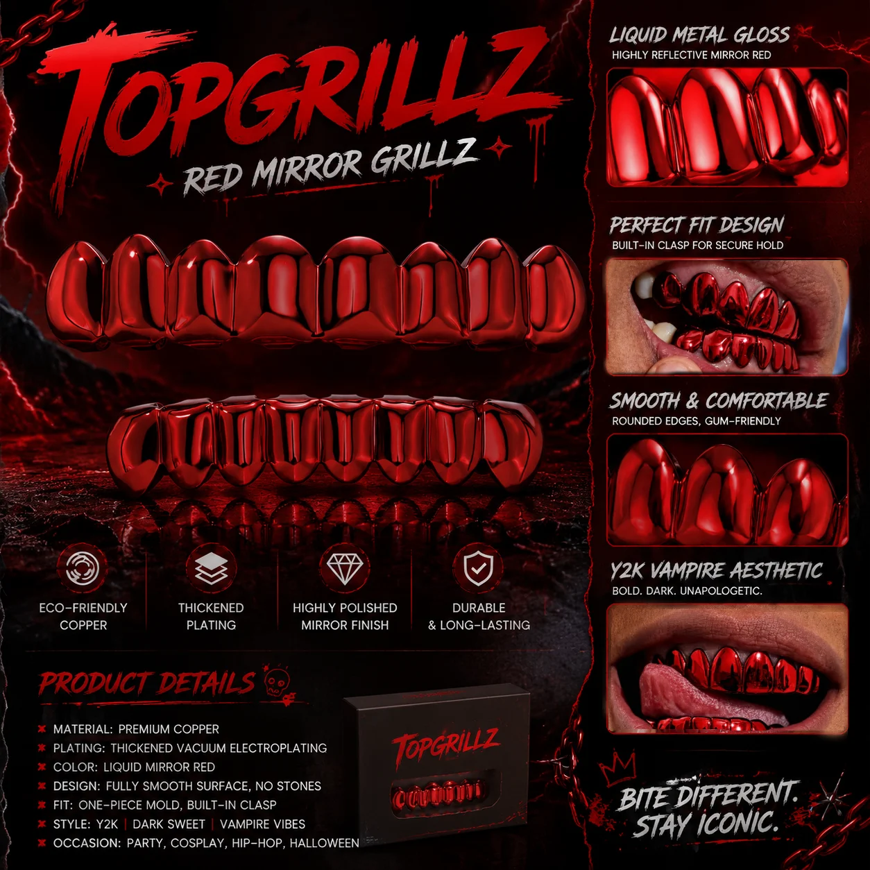 TOPGRILLZ Juego de Grillz Hip Hop Rojos Espejo, 2 Piezas, 8 Dientes, Parrillas Superiores e Inferiores, Joyería Y2K para Fiesta, Cosplay, Halloween, Hombres y Mujeres