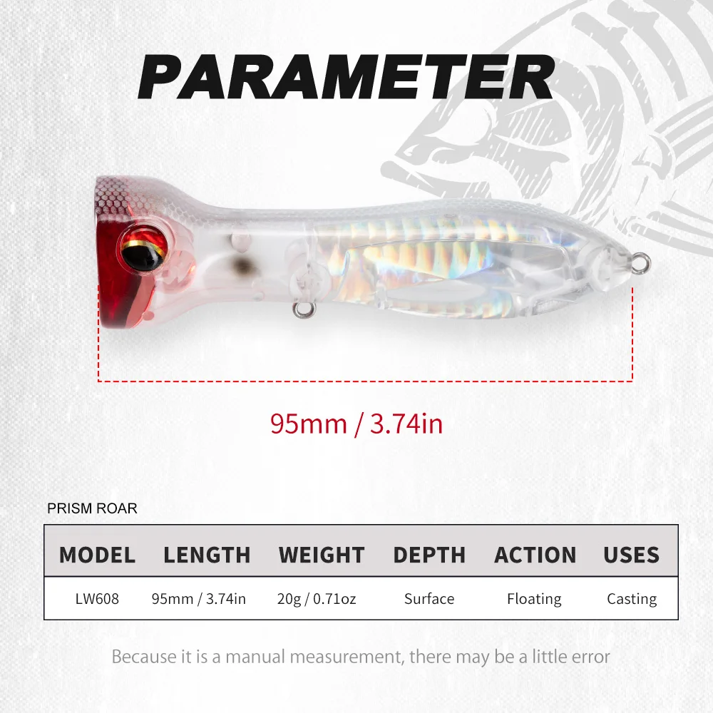 Hunthouse PRISM ROAR Popper Flotante de Superficie WTD Señuelo de Pesca de Carpa 95mm 20g Wobbler Cebo Duro Artificial para Lubina