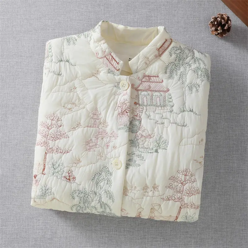 Abrigo de algodón bordado ligero y artístico para mujer, chaqueta acolchada china Retro de otoño e invierno, Tops cortos A294, 2025